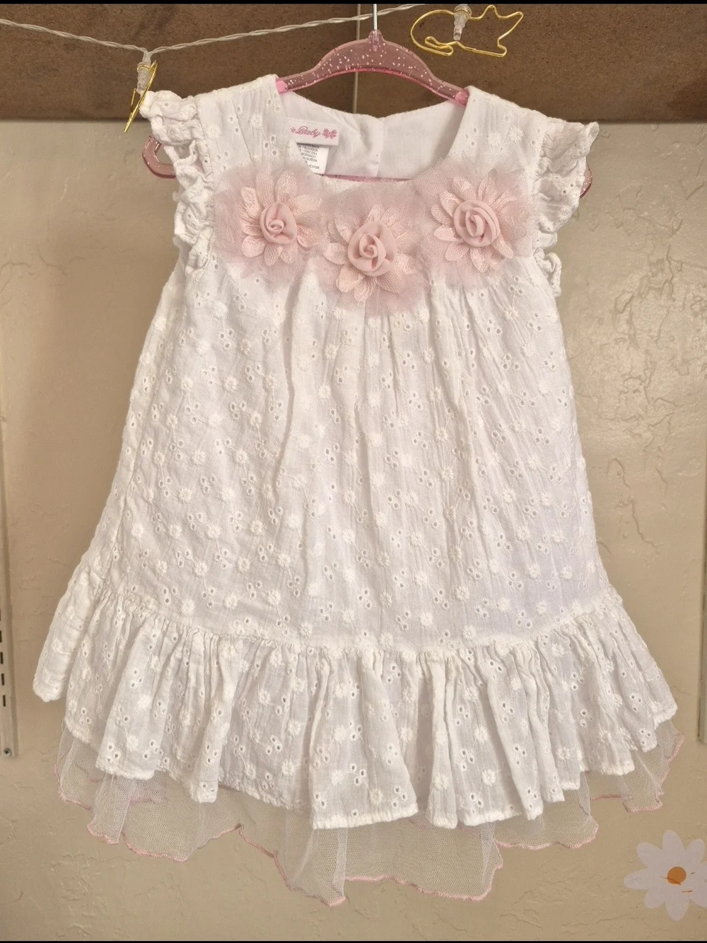 Bonnie Baby White Eyelet Dress with Pink Rosette Trim